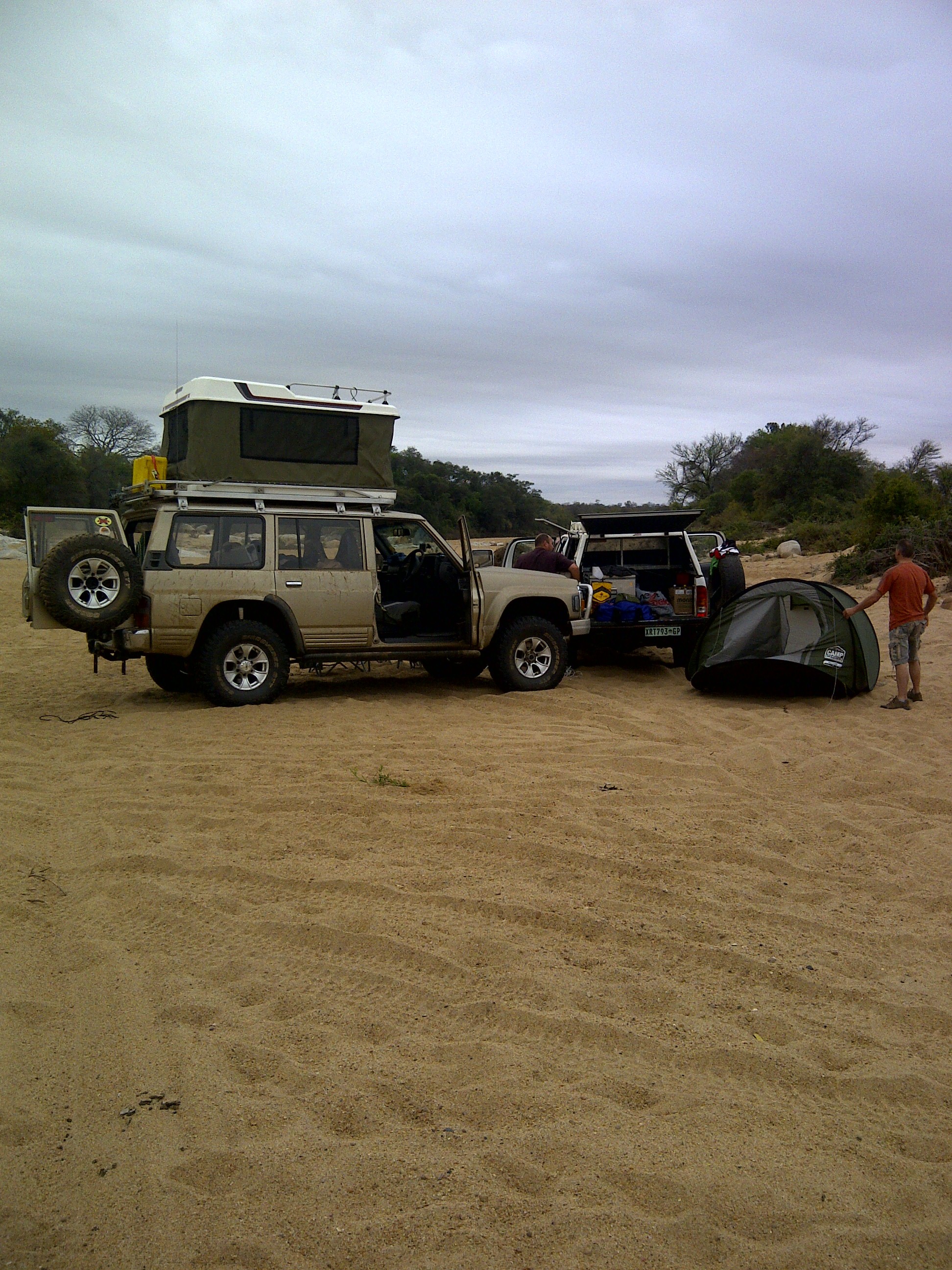 Setting up camp in the river bed